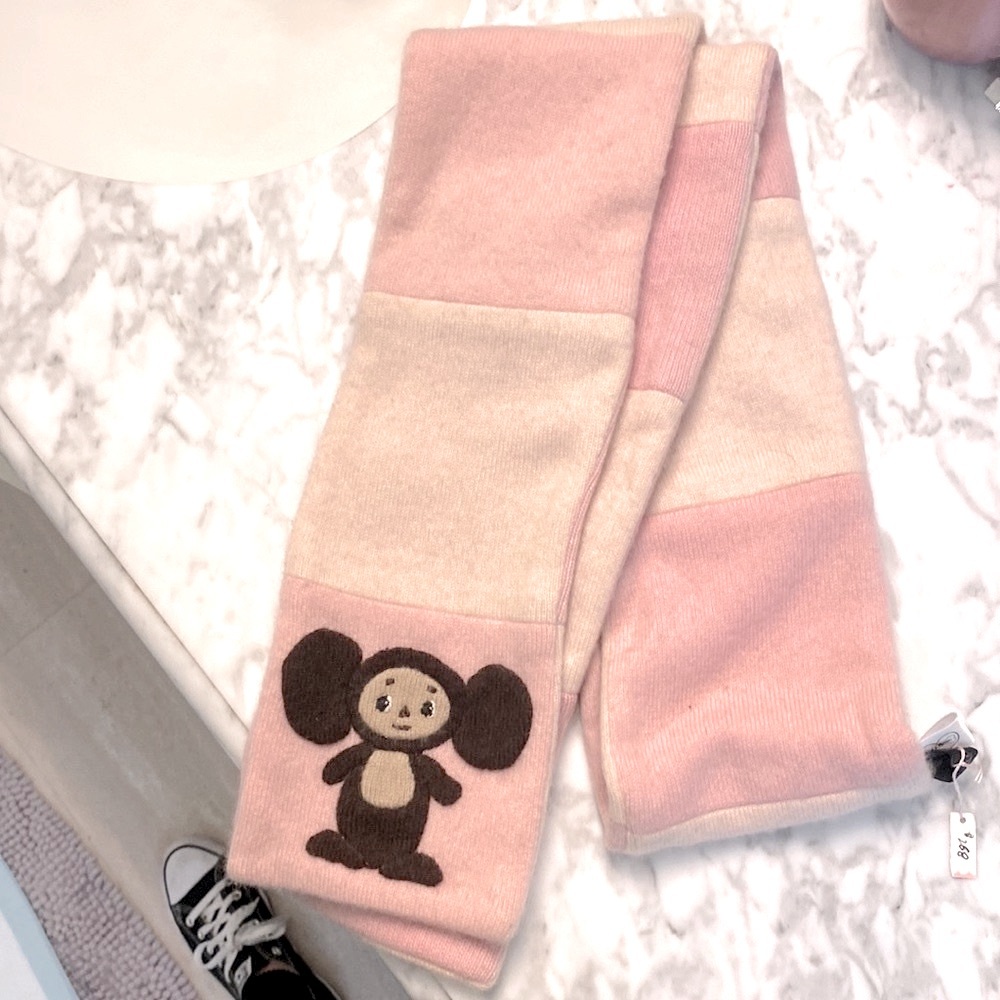 NWT FIFI and ROMEO  pink and Cream Scarf with Bear 72  inch, 100 % cashmere